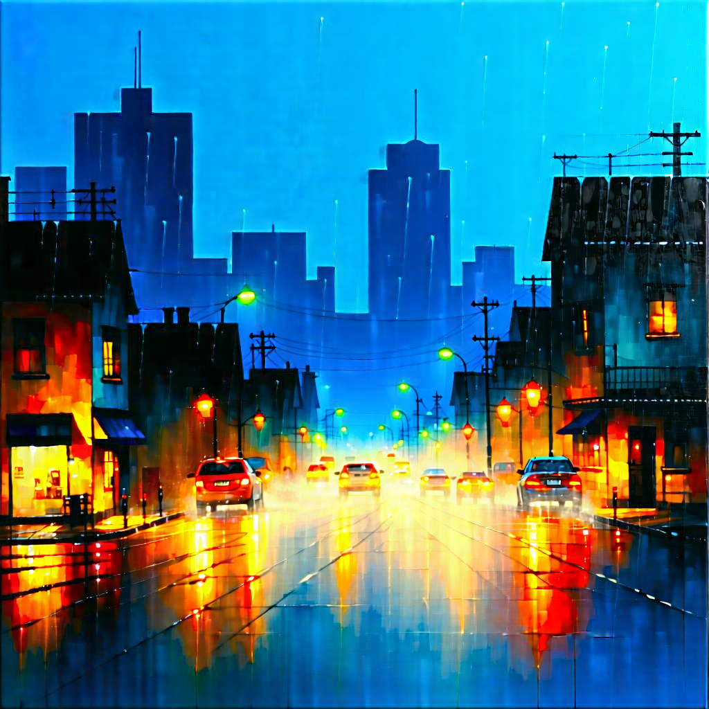 Urban Acrylic Painting: Cityscape of small town during rainy evening