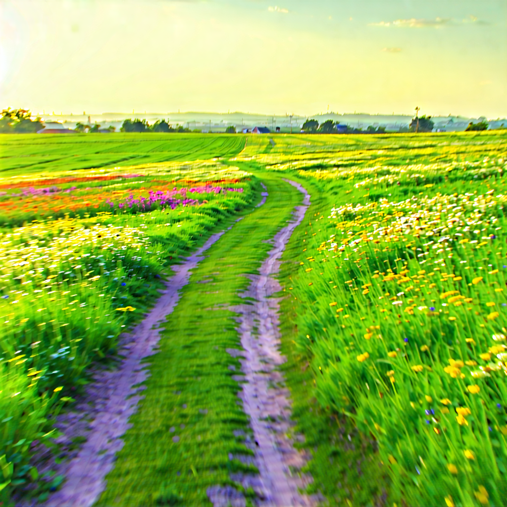 Nature Drone Photography: Path Through Flowering Meadow With Dirt Road