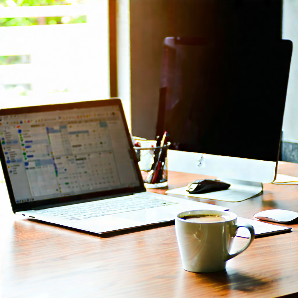 Business Digital Art: Workplace With Laptop And Coffee On Desk With Laptop Computer