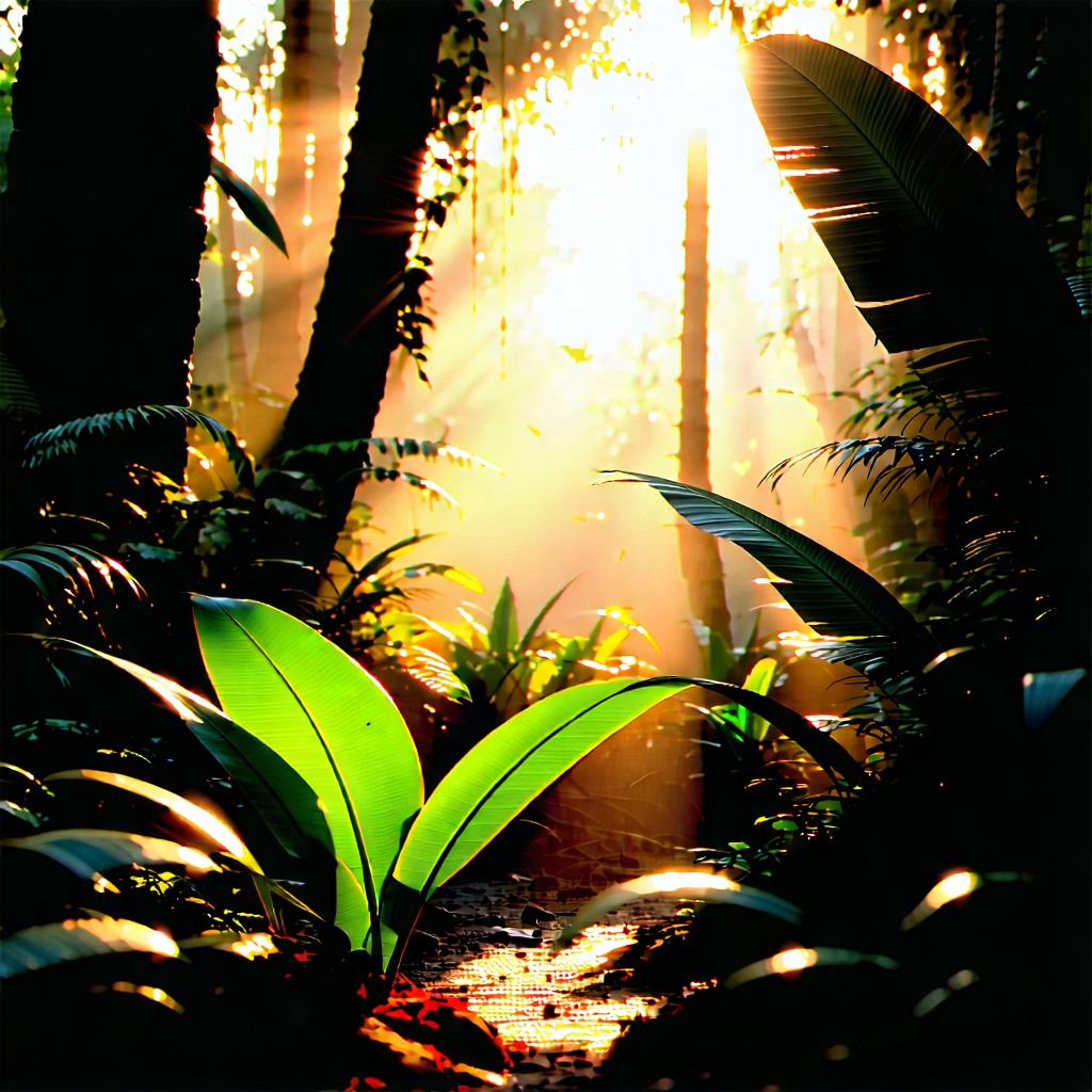 Nature Digital Art: Tropical Plants In Sunlit Clearing With Large Green