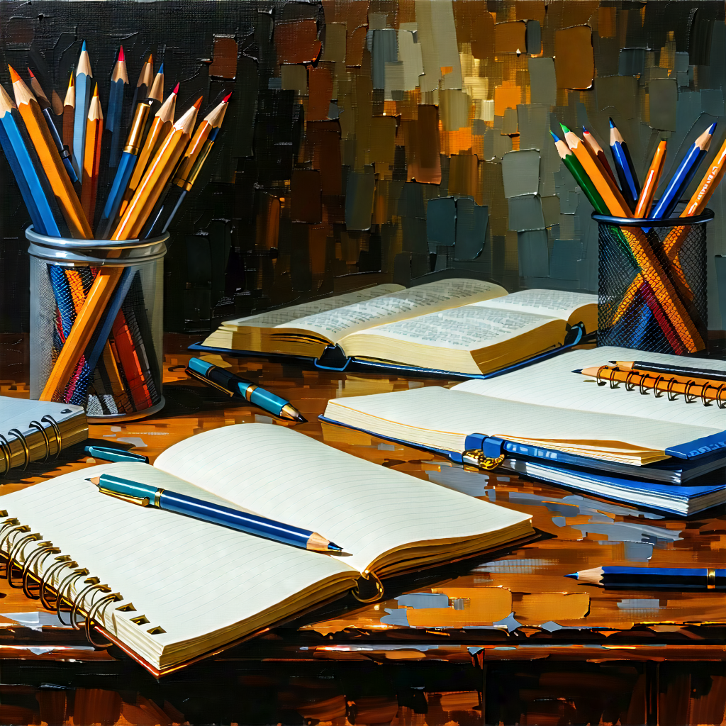 Business Oil Painting: Workplace with notebooks and pens on desk