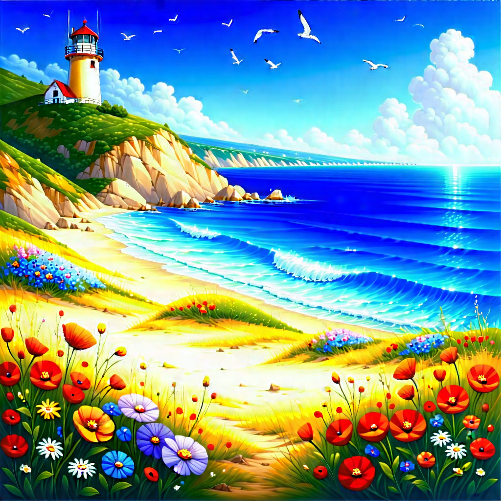 Nature Oil Painting: Wildflowers In Coastal Environment With Beautiful Beach
