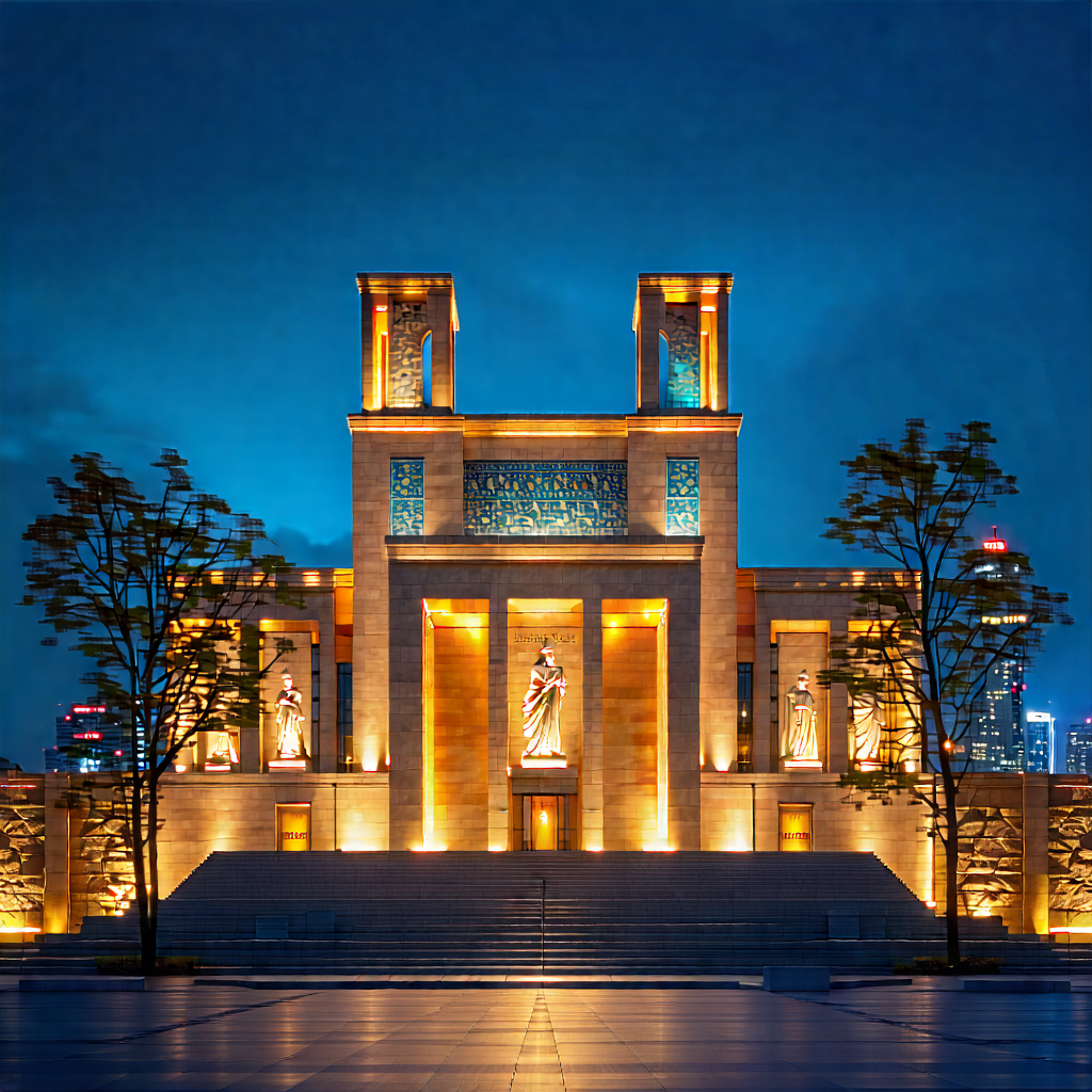 Urban Lithograph: Cultural Center With City Lights With Large, Ornate