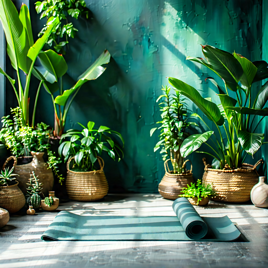 Lifestyle Tilt-shift Photography: Wellness Scene With Yoga Mat And Plants With Room Green