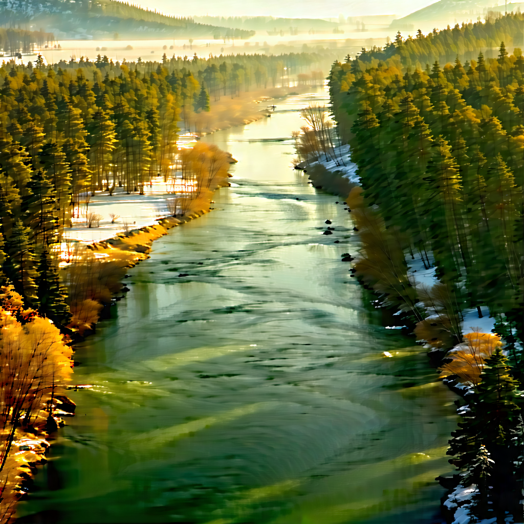 Nature Aerial Photography: Rushing (river:1.24) Surrounded By Snow-covered Trees With Serene River