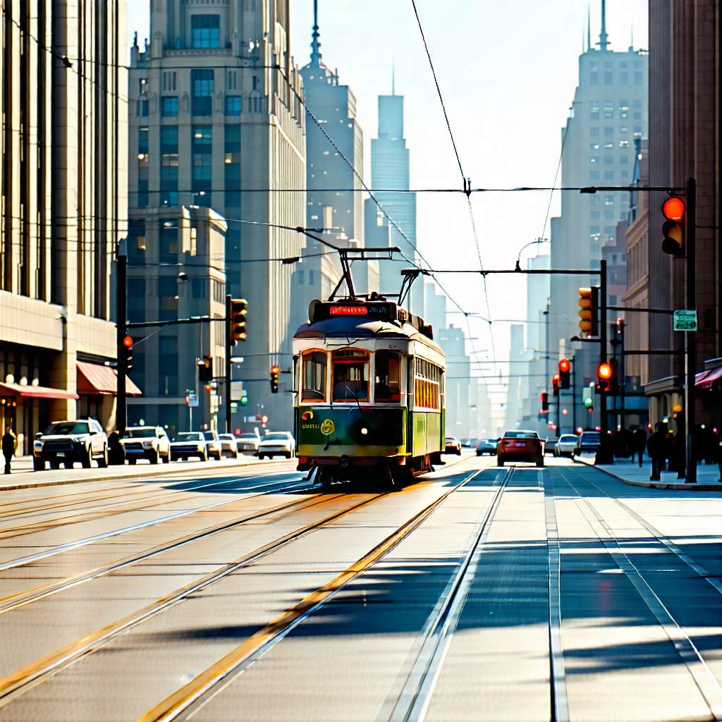 Urban Digital Illustration: City tram in main avenue