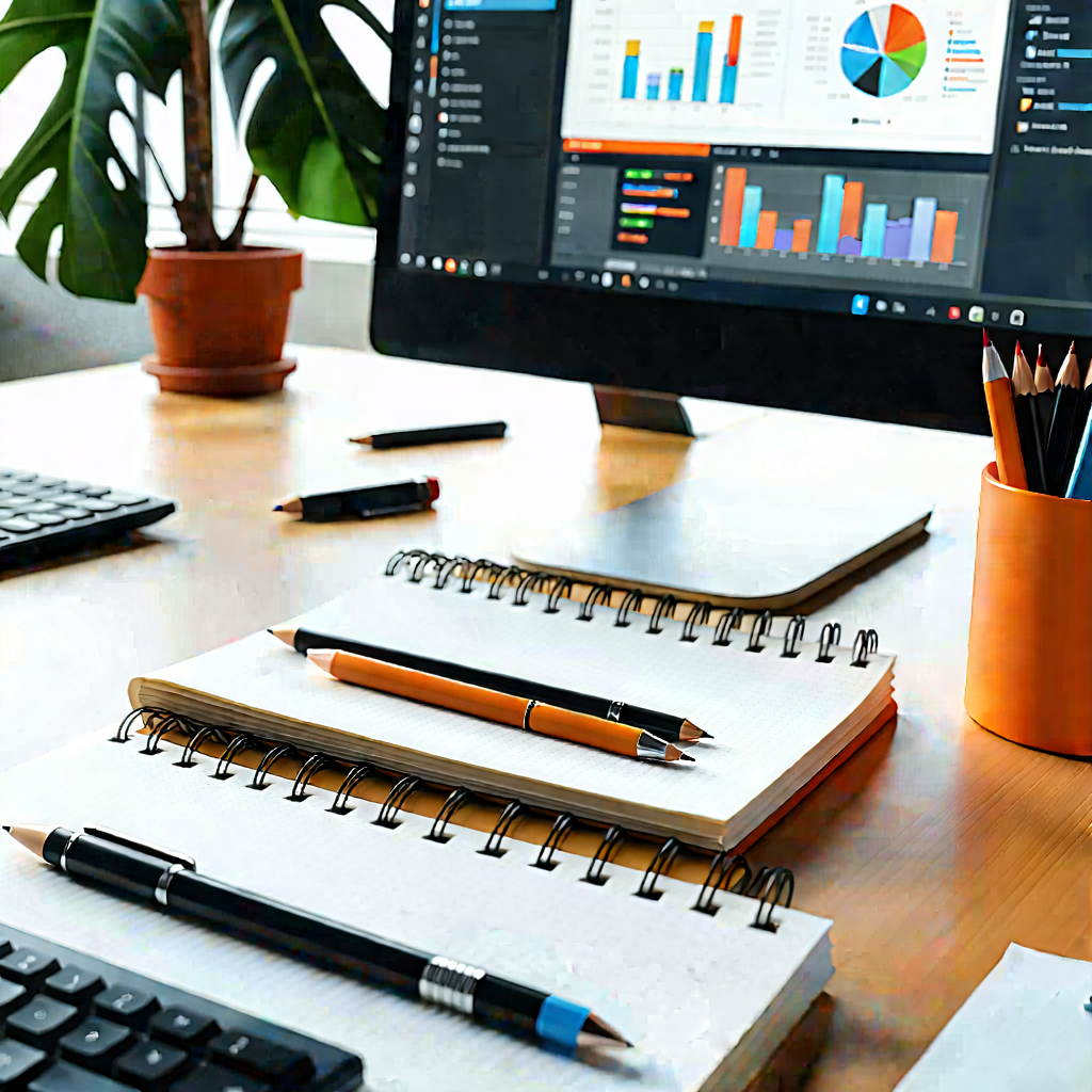 Business Infographic Style: Workplace with notebooks and pens on desk