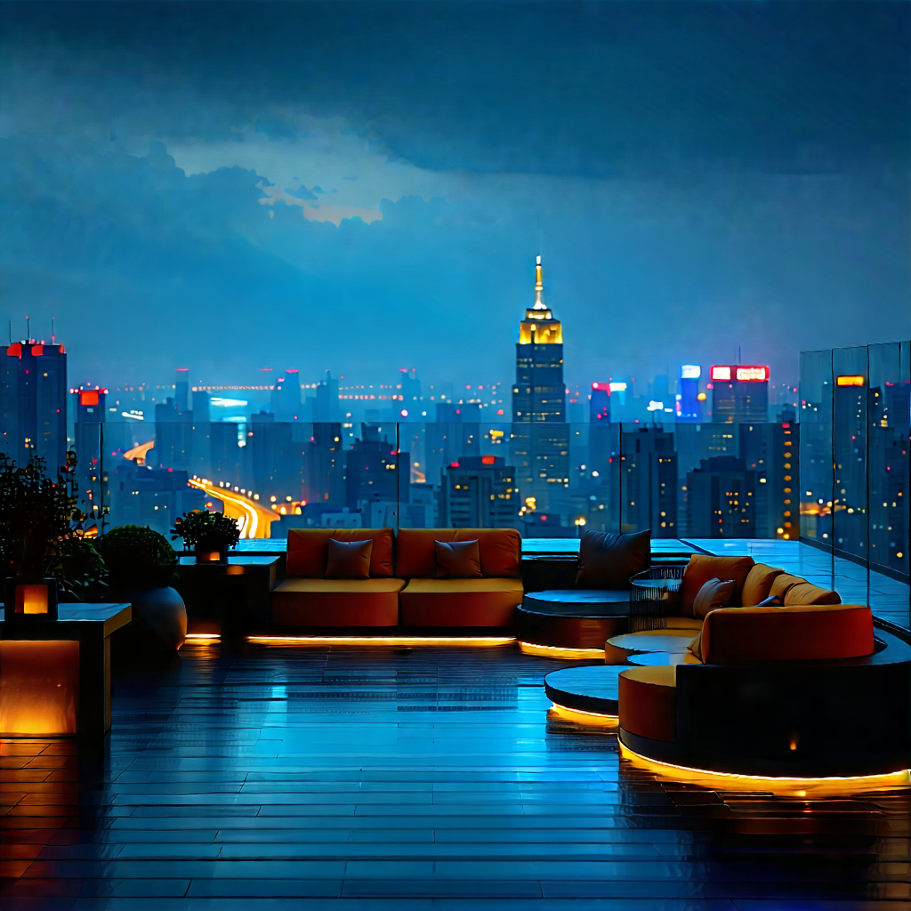 Urban Matte Painting: Observation Deck With City Lights With Large City