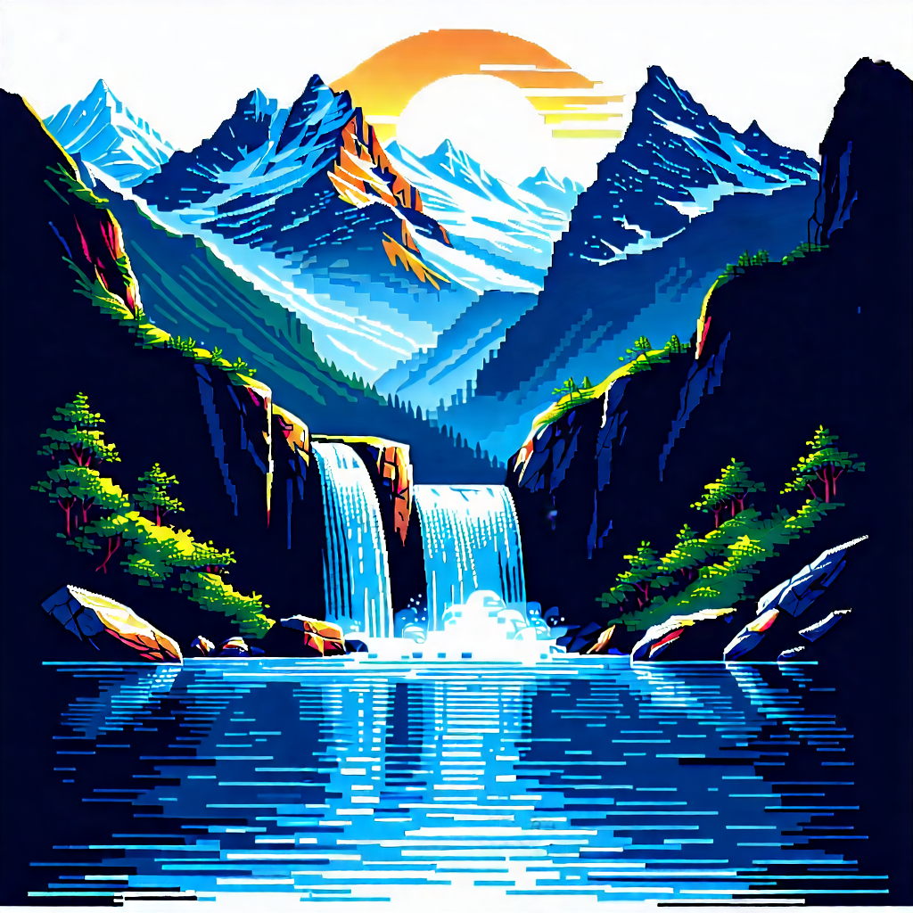 Nature Woodcut Print: Waterfall Pool Surrounded By Mountain Peaks With Image, There