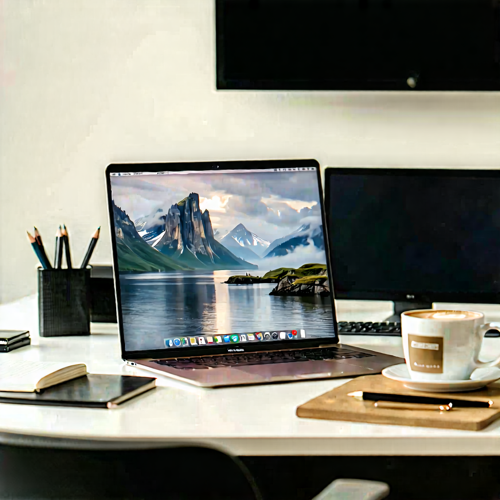 Business Matte Painting: Workplace With Laptop And Coffee On Desk With Desk Laptop