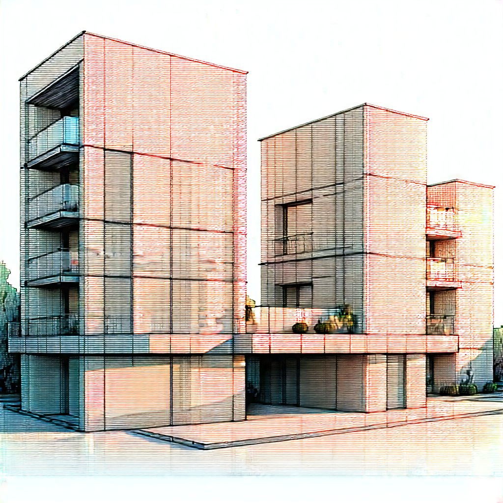 Urban Pencil Sketch: Modern Apartment Complex With Reflective Glass With Tall Buildings,