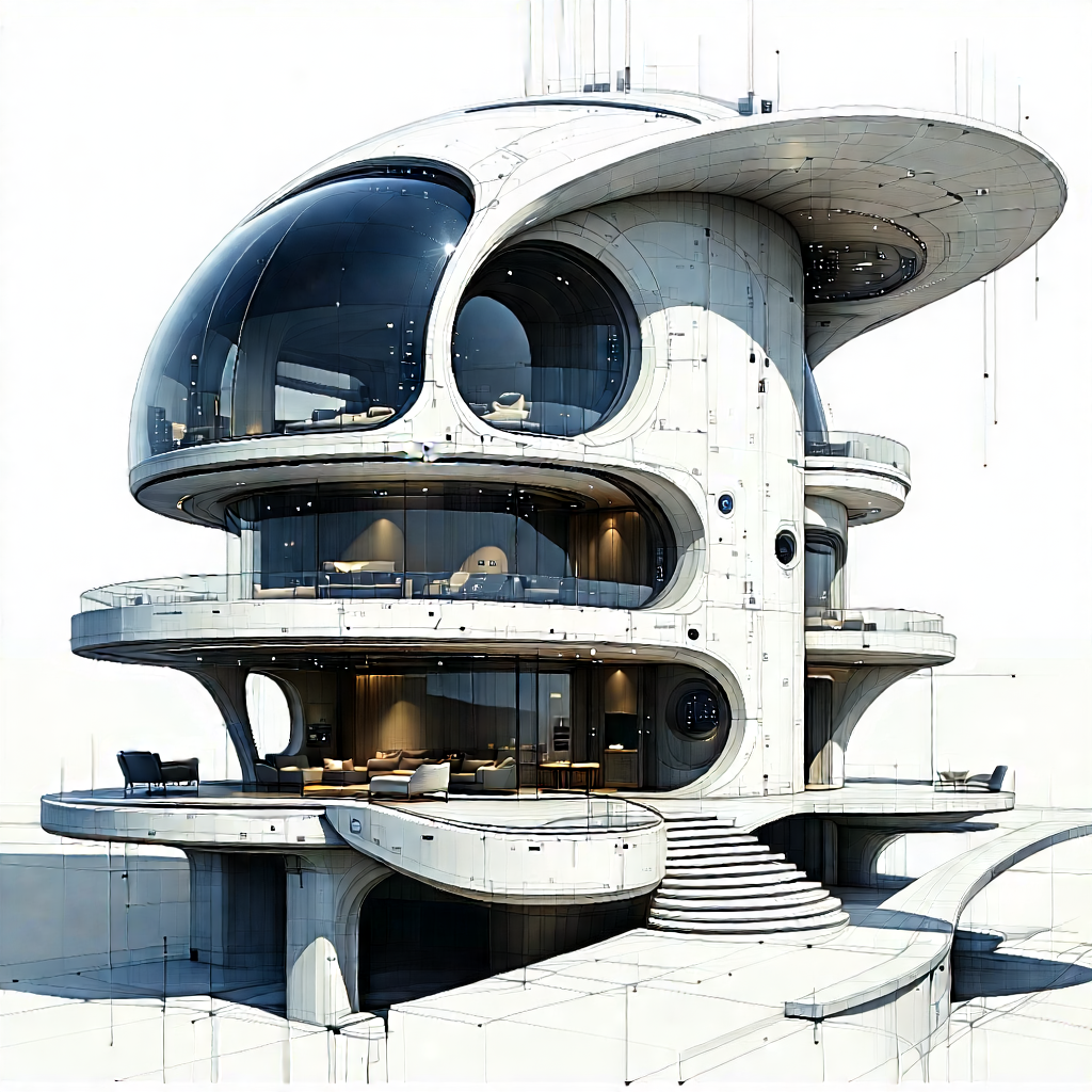 Tech Etching: (futuristic:1.45) Smart Home With Large, Modern