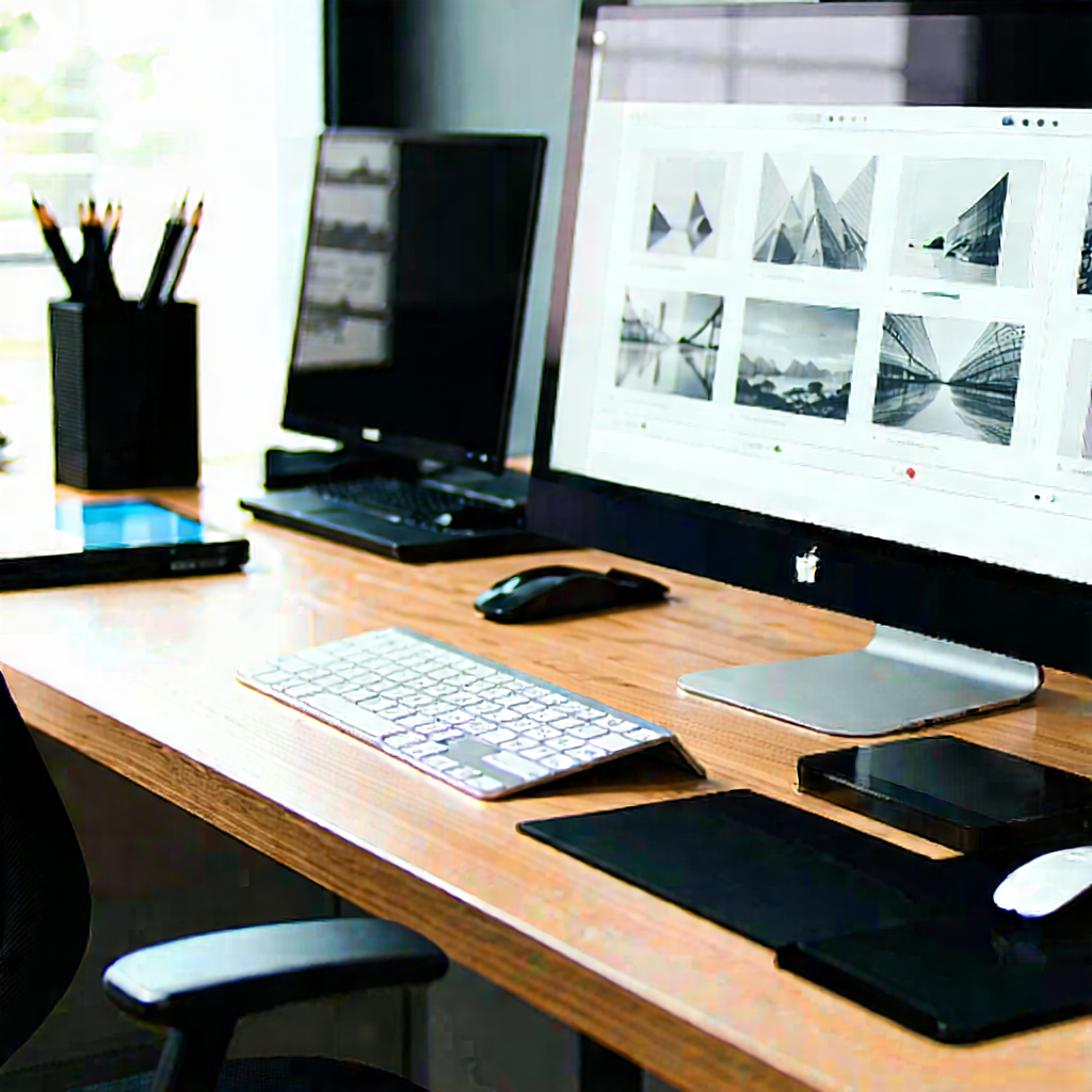 Business Lithograph: Workplace with digital (devices:1.19) on desk