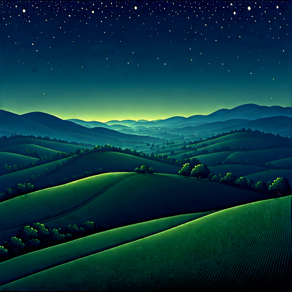 Nature Digital Illustration: Rolling Hills During Night With Painting Lush