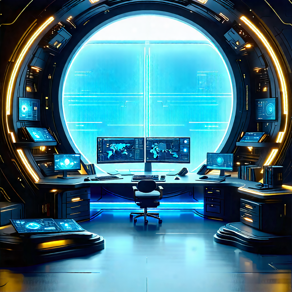 Tech Editorial Photography: Futuristic Digital Workspace With Futuristic Setting,