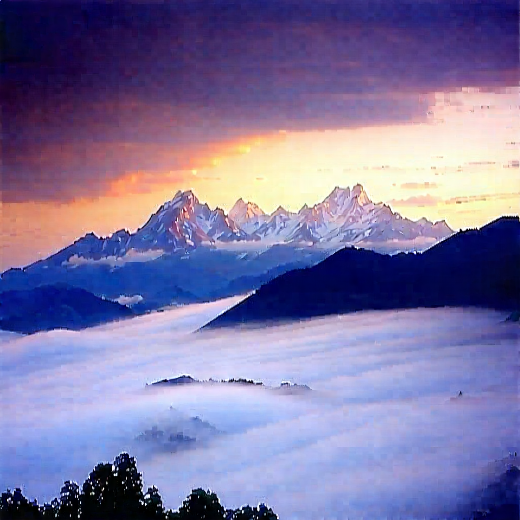 Nature Oil Painting: Mountain Range During Foggy Morning With Mountain Range