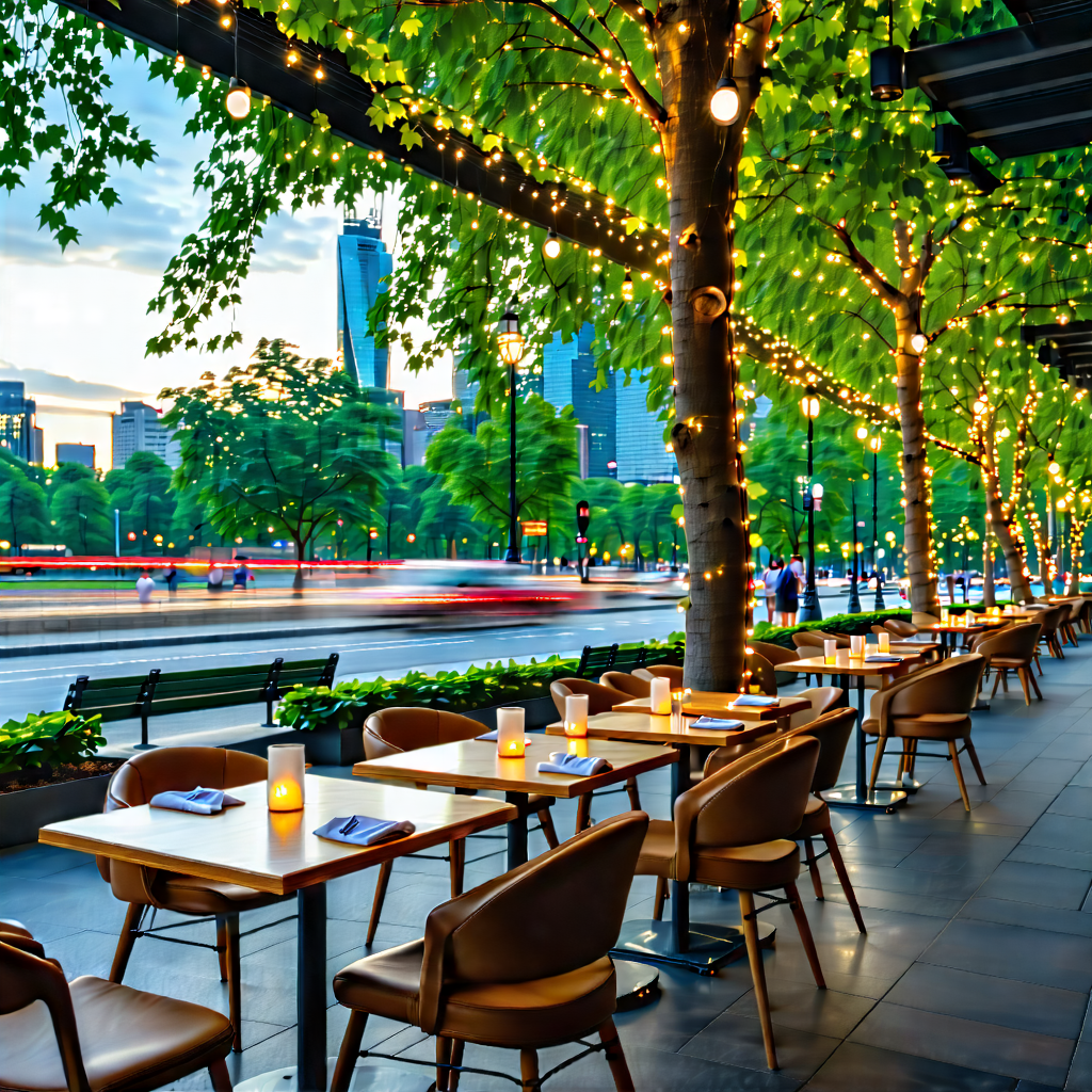 Urban Long Exposure Photography: (city:1.27) park with outdoor dining