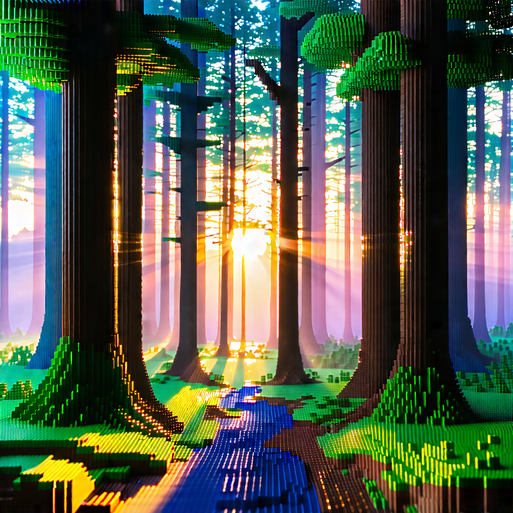 Nature Voxel Art: (forest:1.36) scene during sunrise