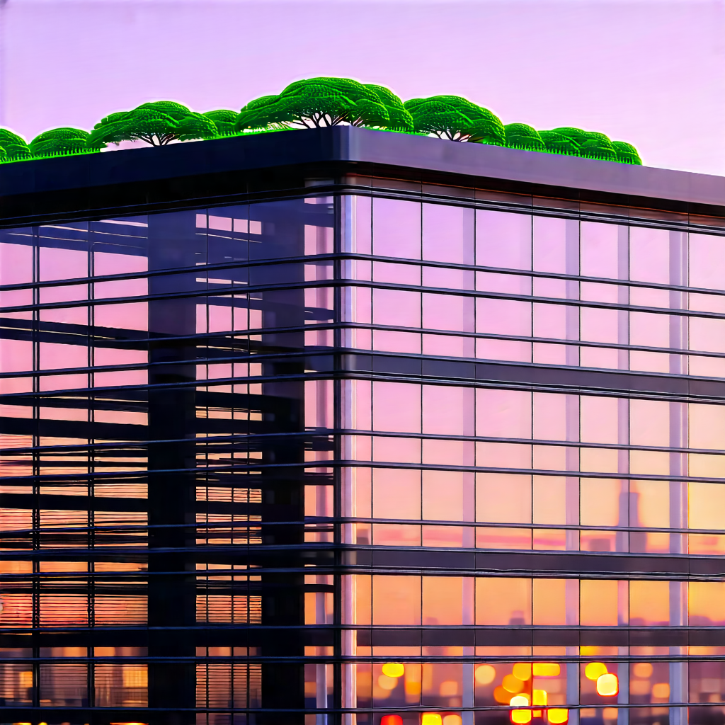Urban 3d Render: Glass Office Tower With Green Rooftop With Large Building