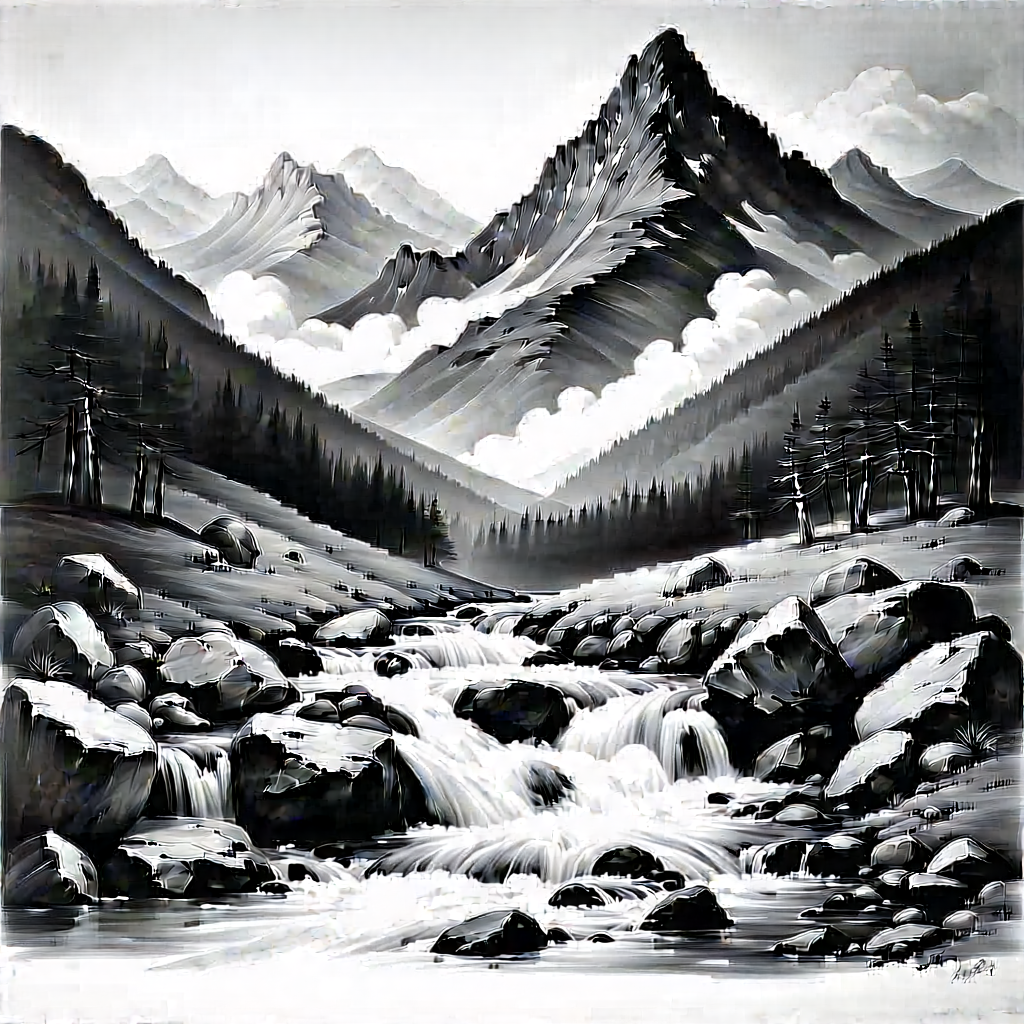 Nature Charcoal Drawing: Mountain Stream Surrounded By Rocky Shores With Painting Mountainous