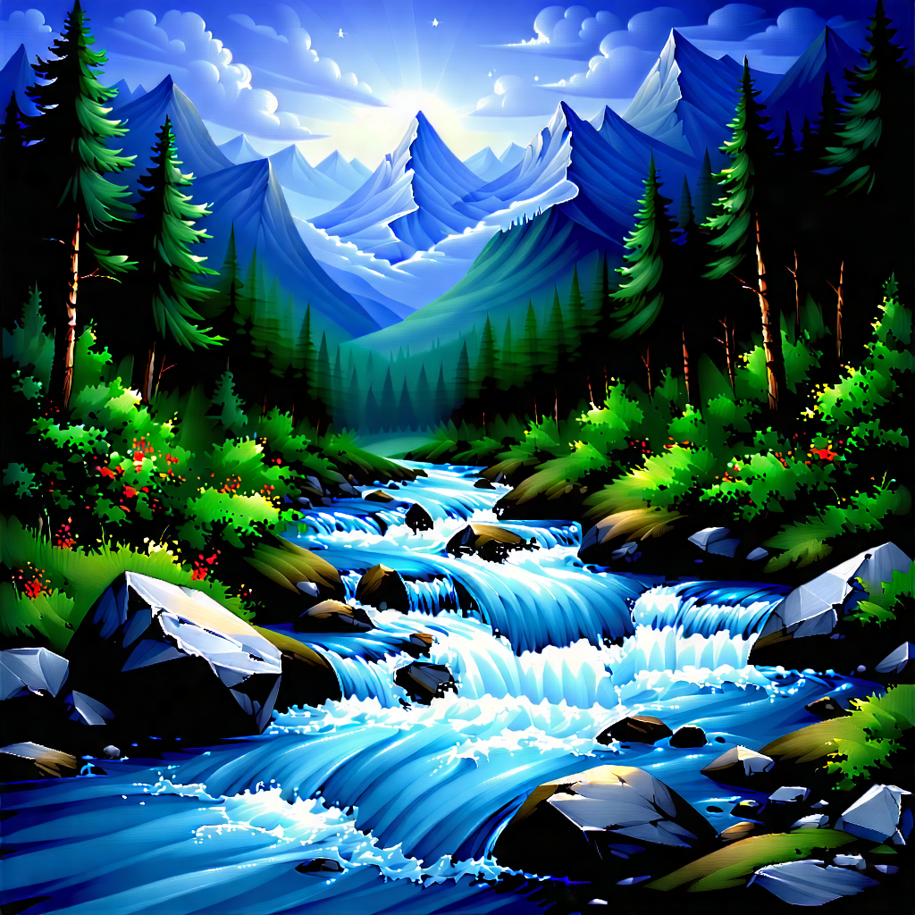 Nature Gouache Painting: Mountain Stream Surrounded By Lush Vegetation With Beautiful Painting