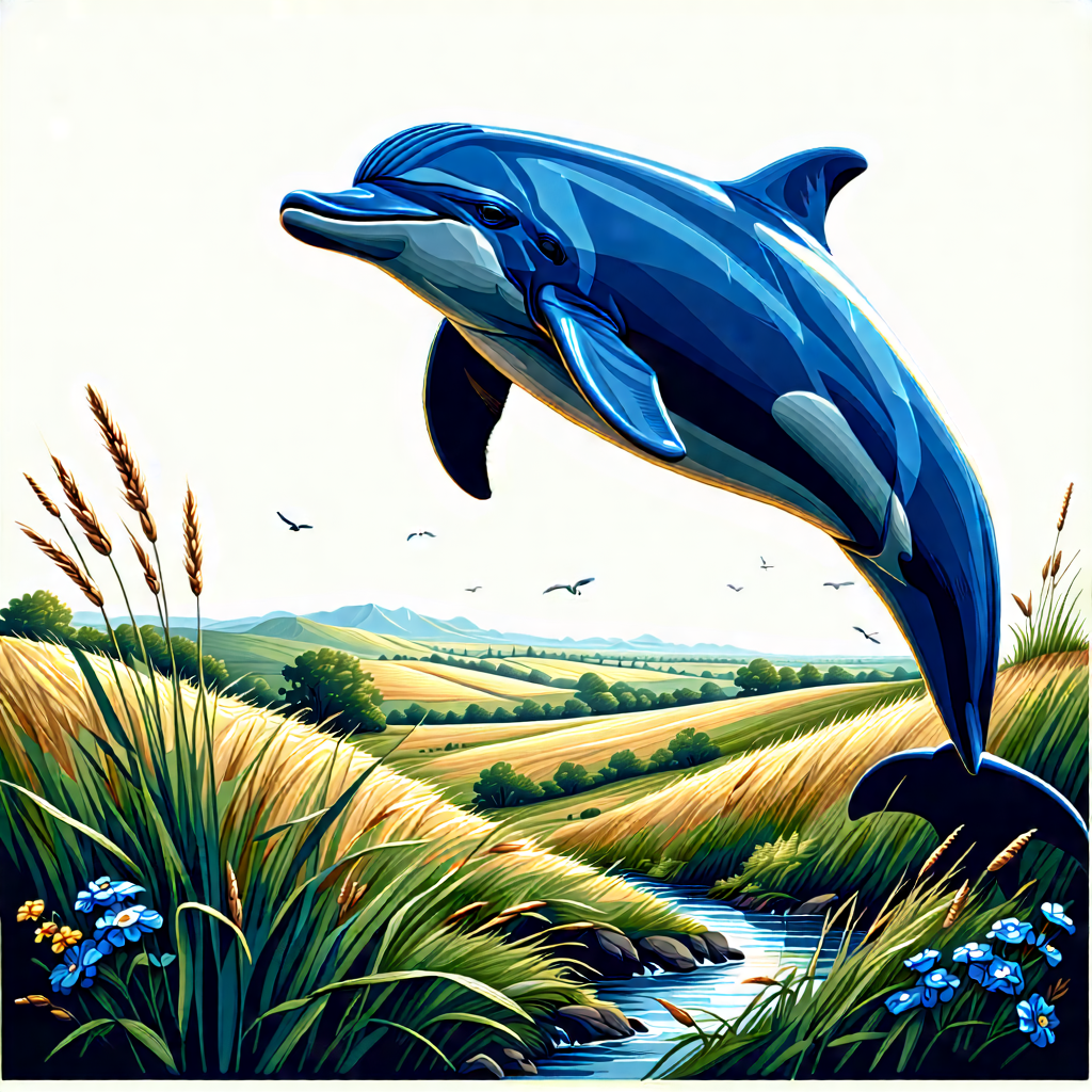 Nature Linocut Print: Dolphin In Prairie Grassland With Blue Dolphin