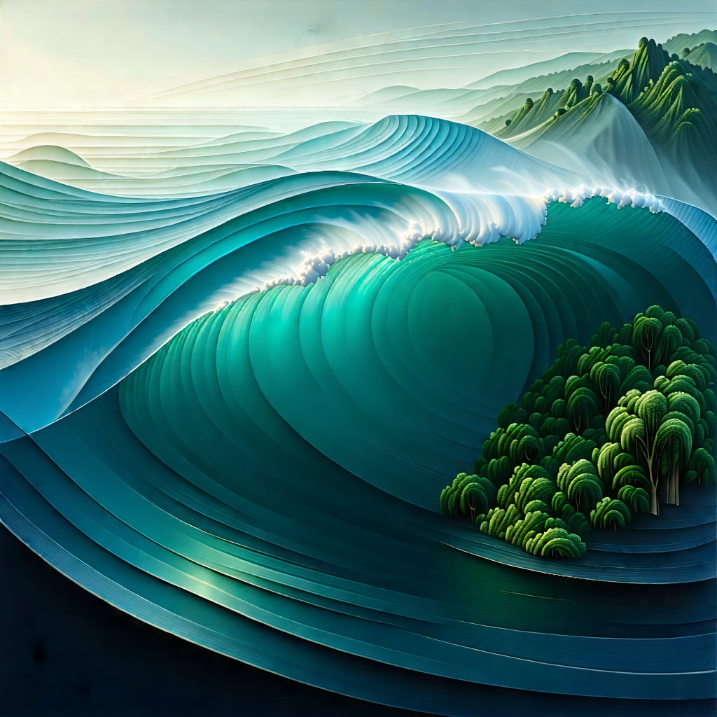 Nature Geometric Design: (ocean:1.1) Waves Surrounded By Lush Vegetation With Large Wave