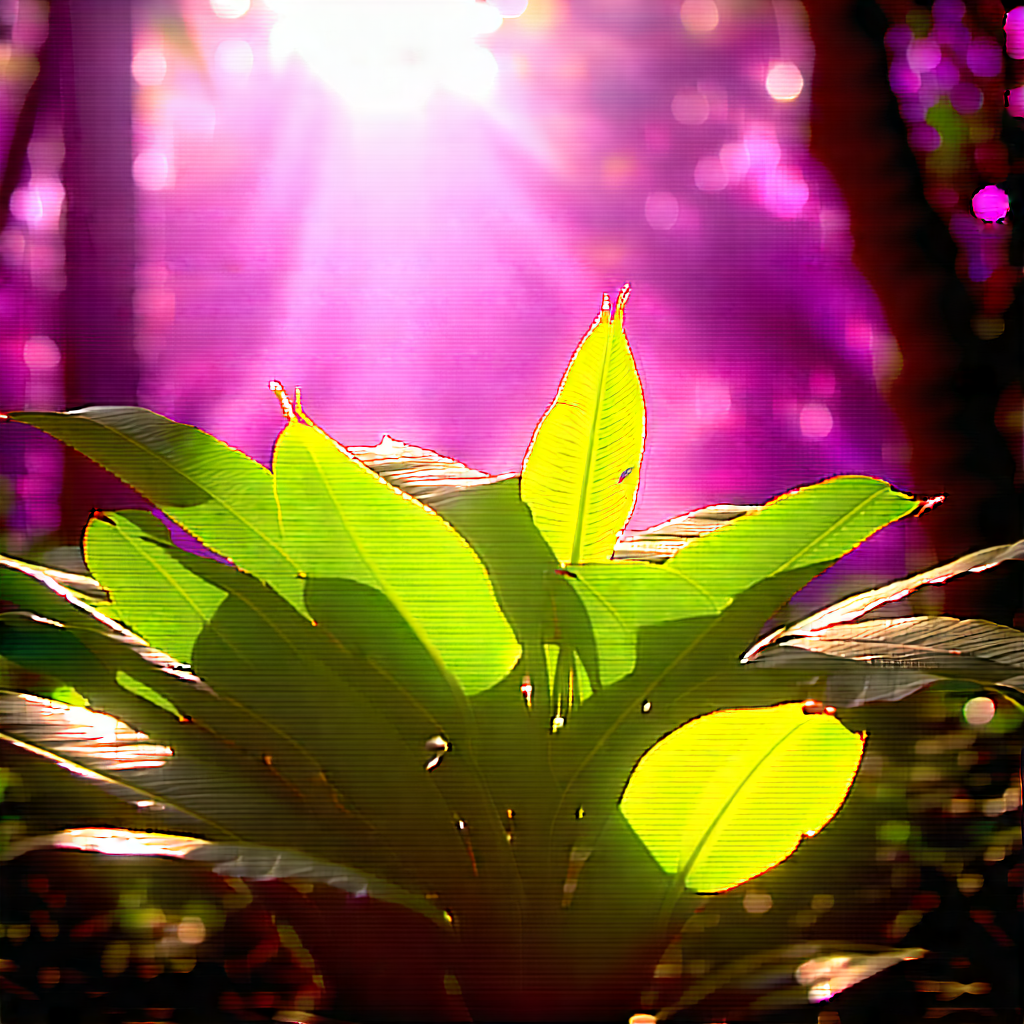 Nature Product Photography: Tropical Plants In Sunlit Clearing With Small Green
