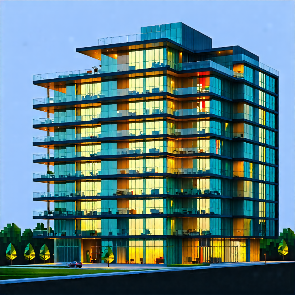 Urban Woodcut Print: Modern Apartment Complex With Reflective Glass With Model Large,