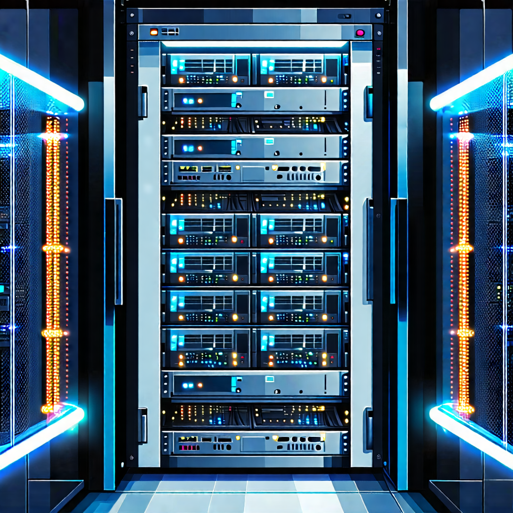 Tech Watercolor Painting: Server rack with (digital:1.1) particles