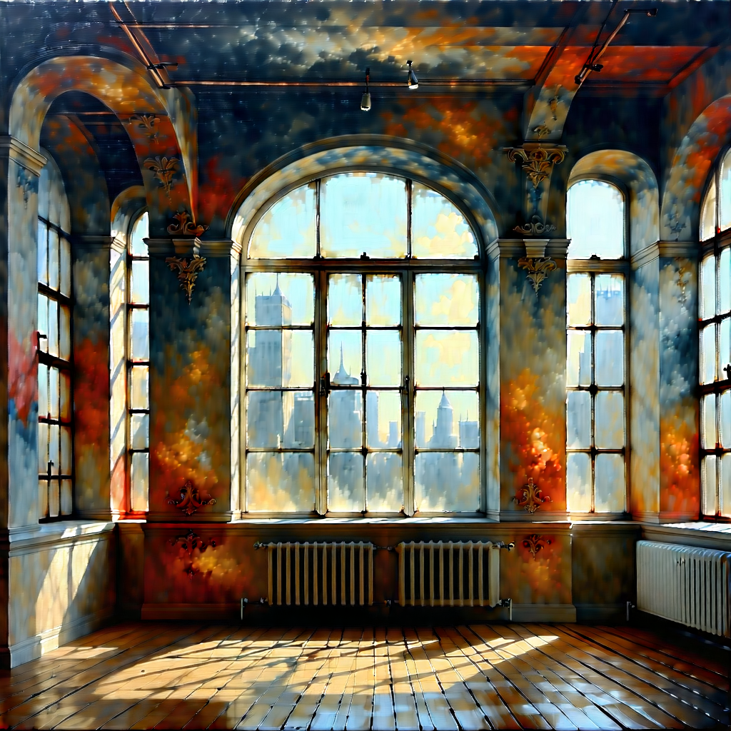 Urban Oil Painting: Urban Loft With Ornate Details With Large, Open