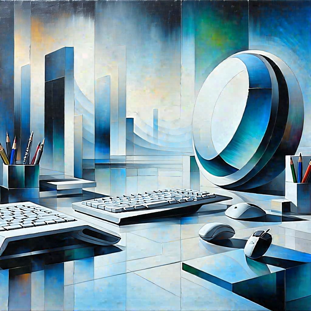 Tech Oil Painting: Futuristic Digital Workspace With Image, There