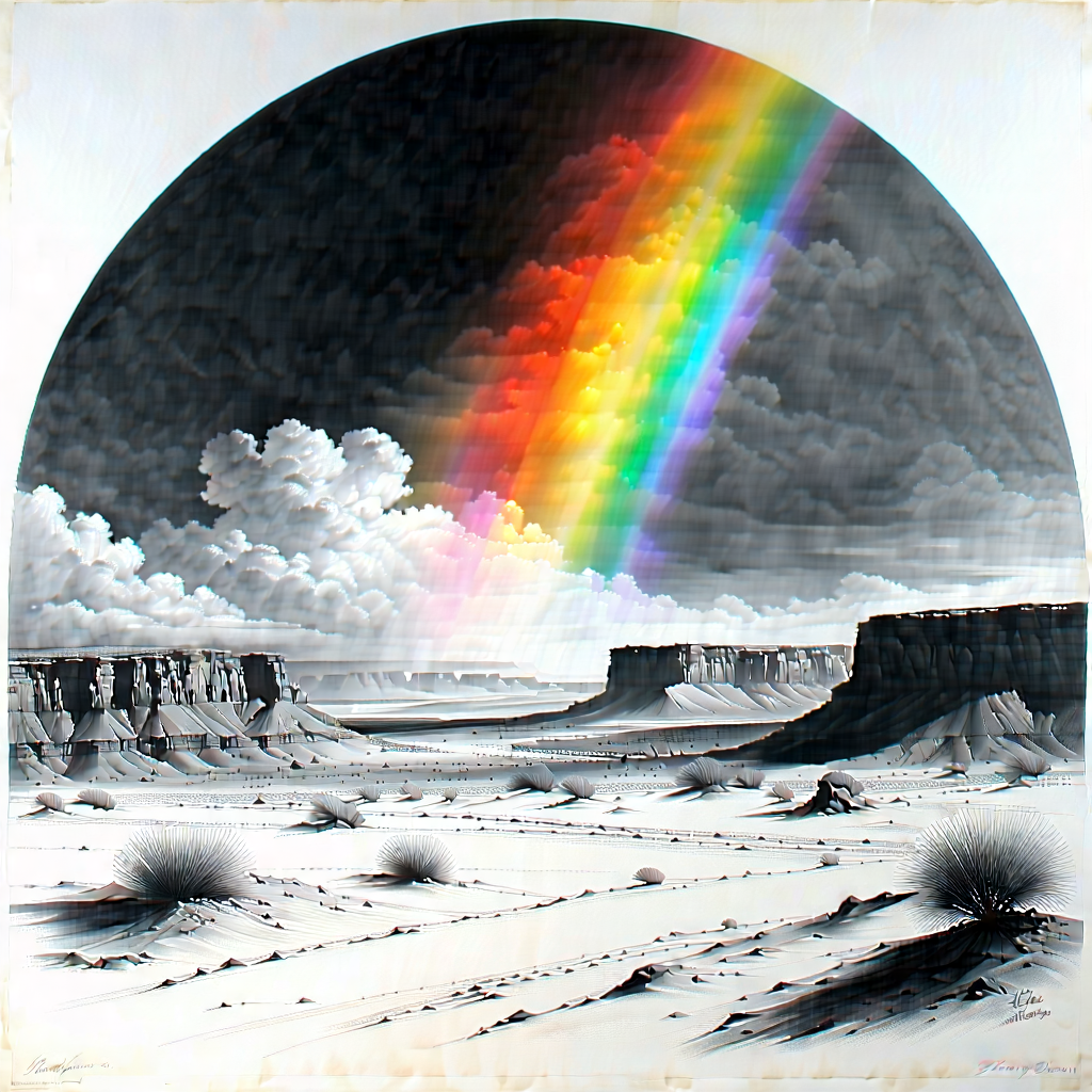 Nature Charcoal Drawing: Rainbow Over Desert With Black White