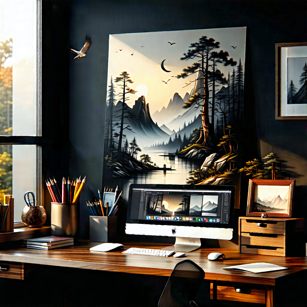 Lifestyle Charcoal Drawing: Home Office With Warm Lighting With Desk Computer