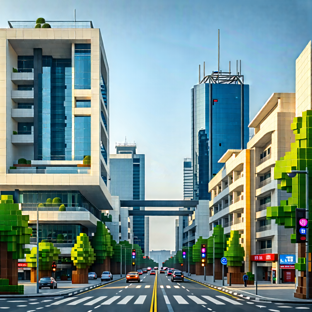 Urban Low Poly: Urban Street With Modern Architecture With Busy City