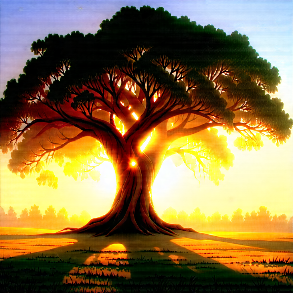 Nature Oil Painting: Ancient (tree:1.18) In Sunlit Clearing With Large Tree