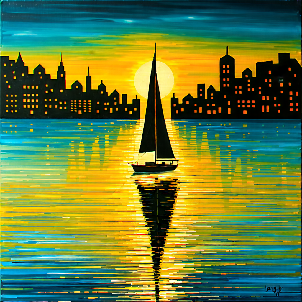Urban Acrylic Painting: Cityscape of small town during sunrise