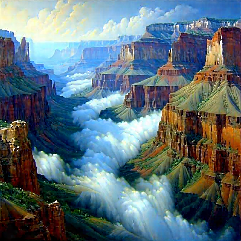 Nature Gouache Painting: Mist Over Canyon Floor With Majestic Mountain