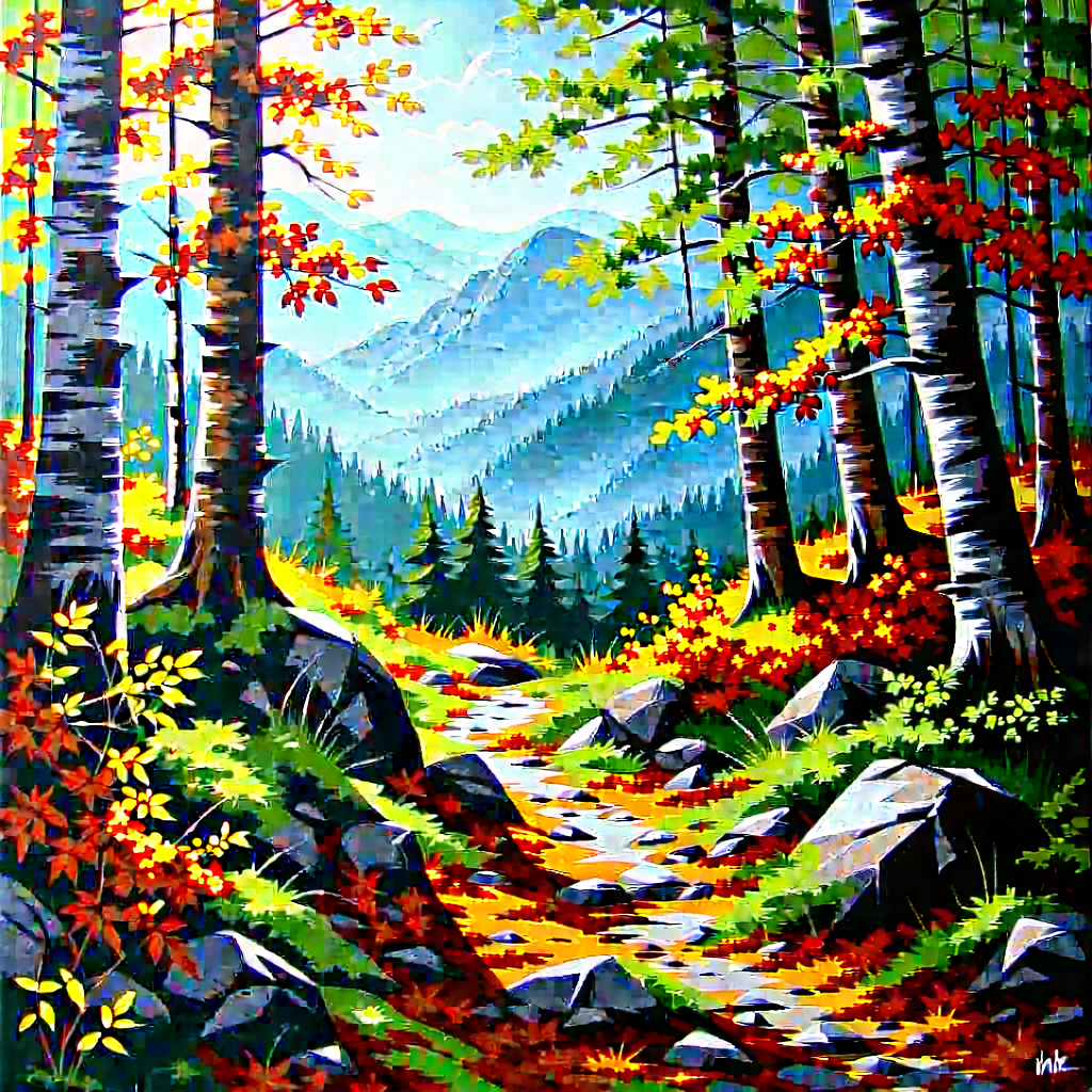 Lifestyle Acrylic Painting: Autumn Hike During Summer With Beautiful Forest