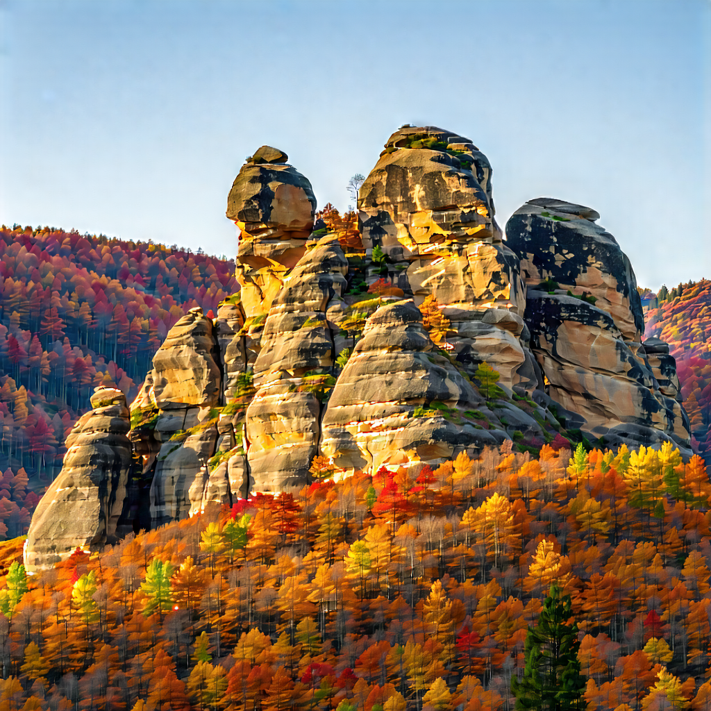 Nature Architectural Photography: Rock Formation In Autumn Colors With Beautiful Mountain