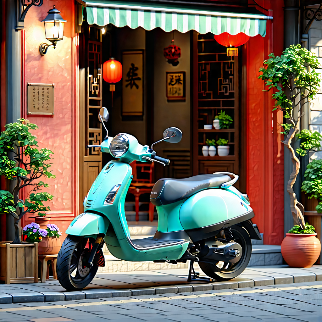 Urban Low Poly: City Electric Scooter In Historic Quarter With Blue Scooter