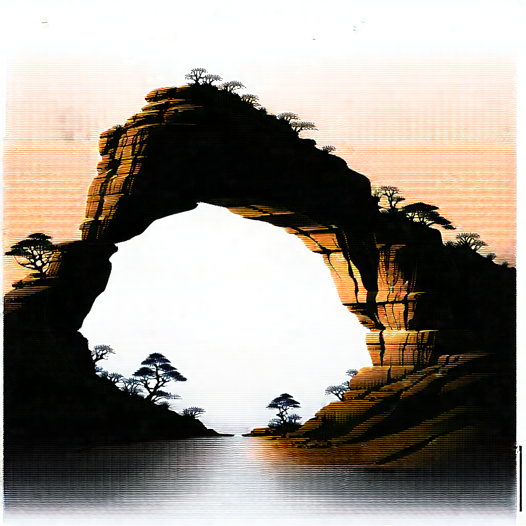 Nature Ink Drawing: Natural Arch In Spring Bloom With Large Rock