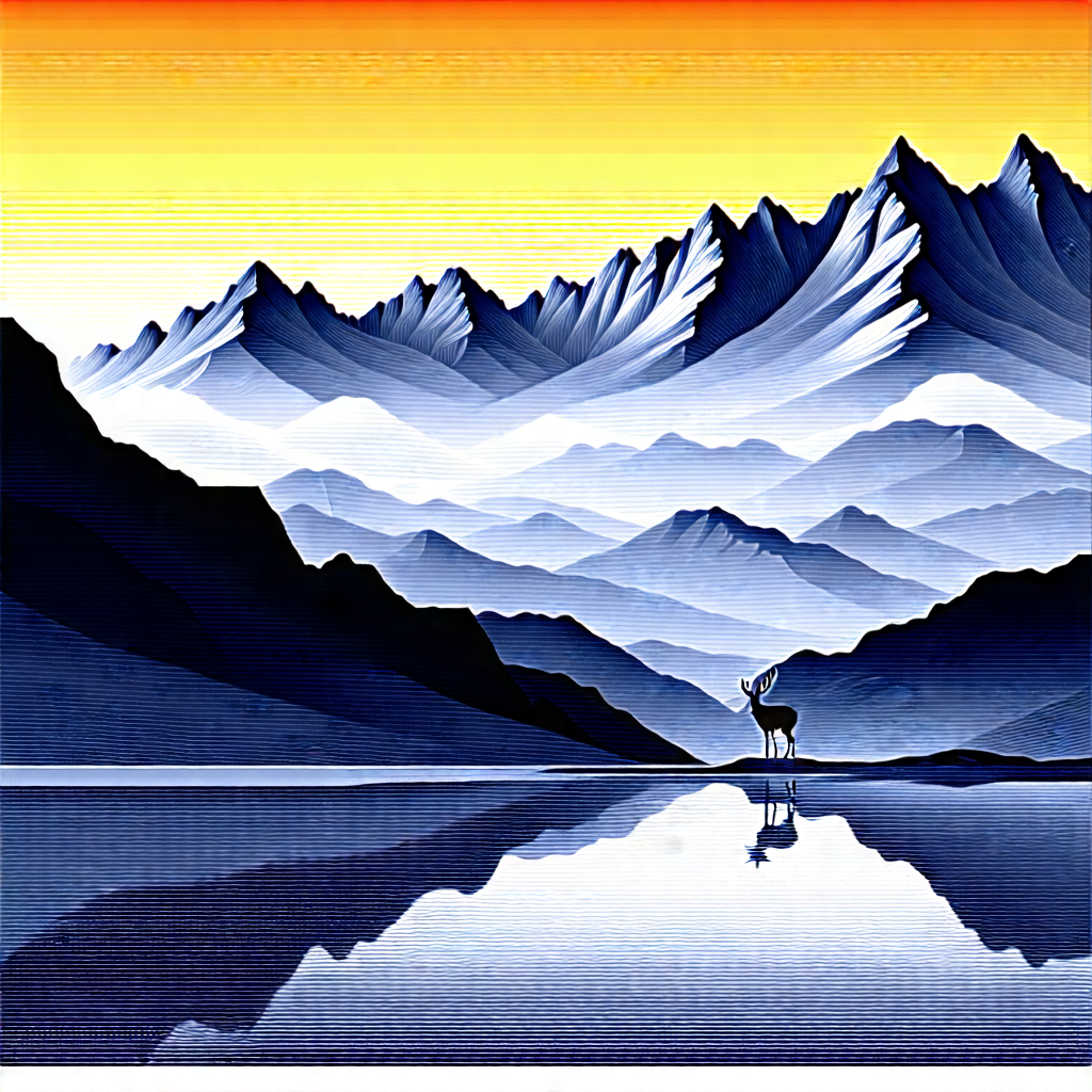 Nature Etching: Deer In Mountain Terrain With Mountain Goat