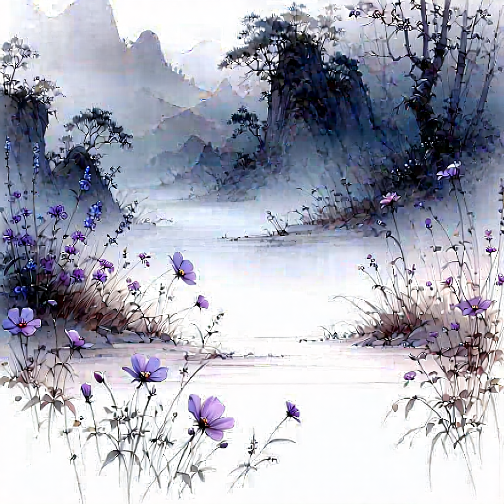 Nature Pencil Sketch: Wildflowers In Misty Environment With Serene Landscape