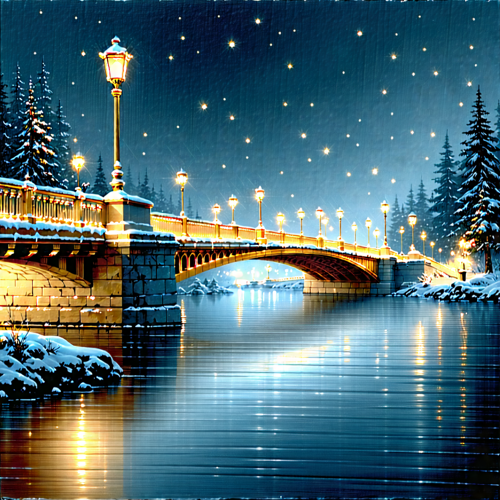 Urban Woodcut Print: Iconic bridge with (snow:1.14) covering