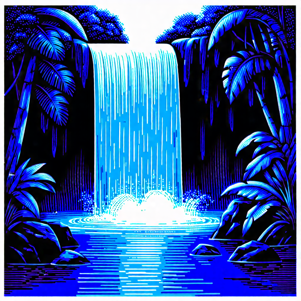 Nature Linocut Print: Waterfall Pool Surrounded By Lush Vegetation With Blue White