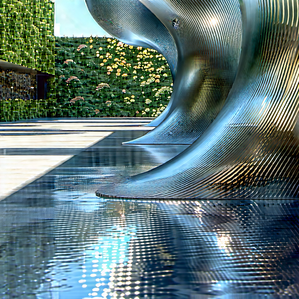 Abstract Professional Photography: Metal Installation With Reflection With Large, Curved