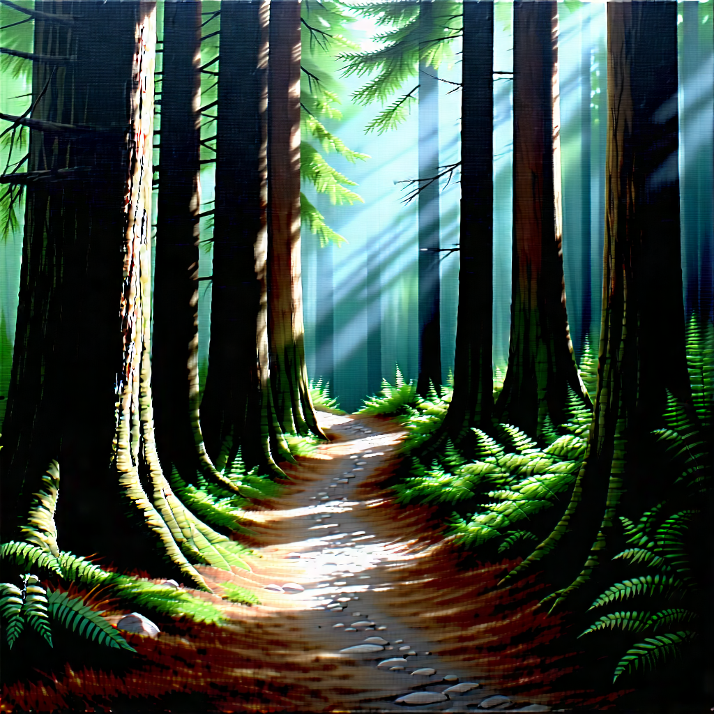 Nature Acrylic Painting: Path Through Redwood Forest With Forest Path