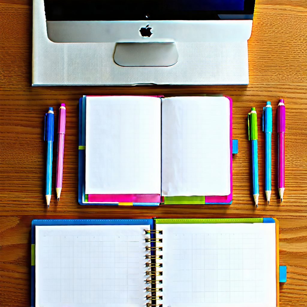 Business Digital Art: Workplace with notebooks and pens on desk