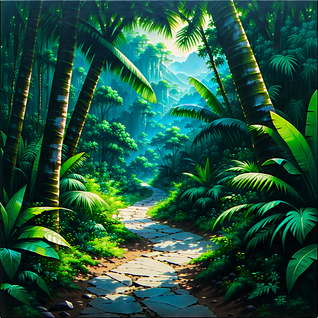 Nature Oil Painting: Path through tropical jungle